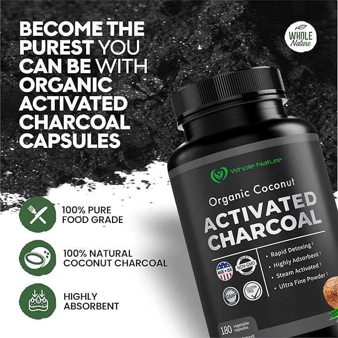 Coconut Activated Charcoal Capsules, 180 Charcoal Capsules, Teeth Whitening, Helps Constipation, Bloating, Stomach Gas, Heartburn, Pure Coconut Derived Supplement (2)