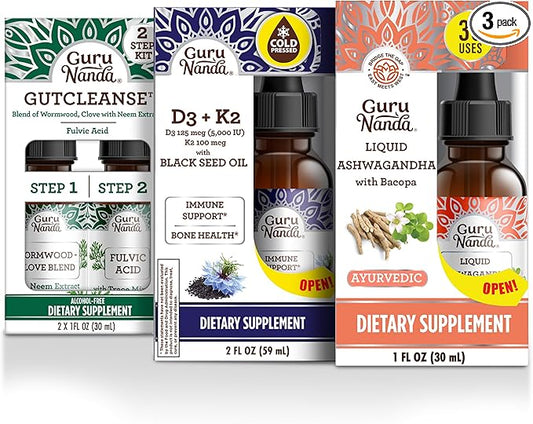 GuruNanda Total Wellness Boost with Liquid Ashwagandha, Black Seed Oil & GutCleanse - Helps with Immunity and Mind Care