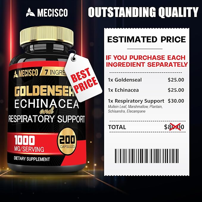 Goldenseal Root Capsule Organic with Echinacea, Mullein Leaf, Plantain & More - 7 Premium Herbal Supports Immune System, Digestive Health, Smooth Breathing, and Body Management - 200 Capsules