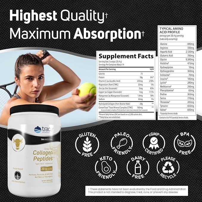 Trace Minerals Collagen Peptides - Healthy Bone & Joint Support - Collagen Supplement Aids Strong Hair, Nails & Skin - Powder Supplement Supports Gut Health - Unflavored, 286g (14 Servings)