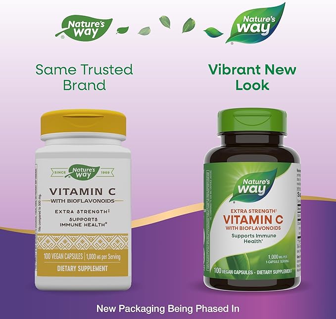 Nature’s Way Extra Strength Vitamin C with Bioflavonoids, Supports Immune Health*, Promotes Collagen Production for Healthy Skin*, 1g Vitamin C per Capsule, 100 Vegan Capsules (Packaging May Vary)