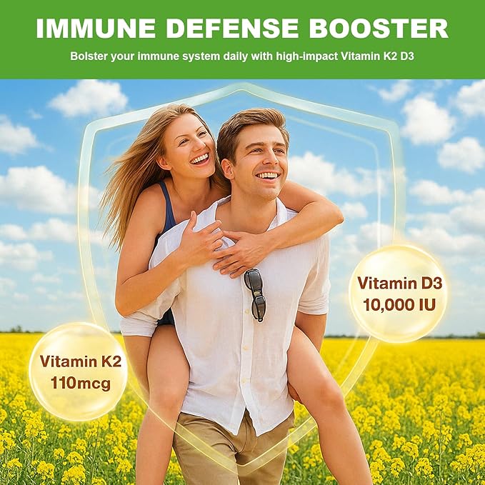 Vitamin K2 D3 Supplements 10,000iu, Vitamin K2 (20mcg MK-4 & 90mcg MK-7), Vitamin D3 for Optimal Calcium Absorption Support Immune, Heart, Joint, Teeth & Bone Health, Gluten Free, 120 Softgels