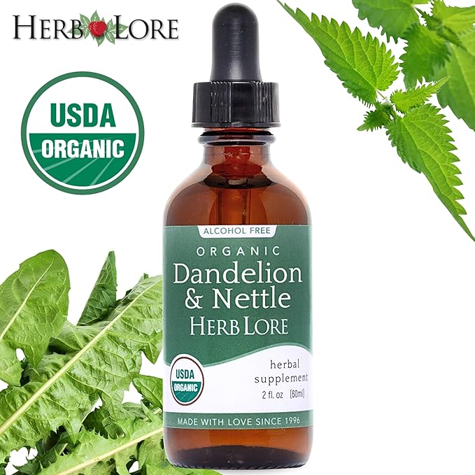 Herb Lore Organic Dandelion & Nettle Tincture - Liquid Dandelion Leaf & Stinging Nettle Leaf Extract Drops (2 fl oz)