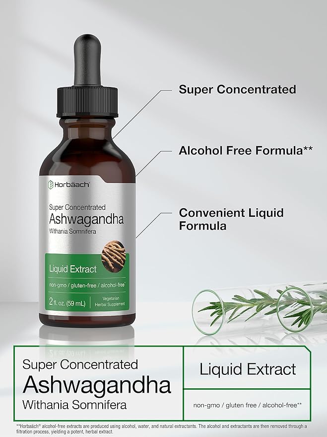 Horbäach Ashwagandha Root Liquid Extract | 2 fl oz | Alcohol Free Tincture | Vegetarian, Non-GMO, Gluten Free Supplement