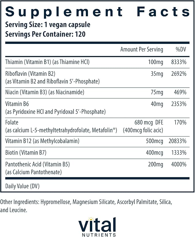 Vital Nutrients Vitamin B-Complex | Vegan High-Potency Methylated B Complex Vitamins | B Vitamins Support Energy Production, Metabolism, and Heart Health* | Gluten, Dairy, Soy Free | 120 Capsules