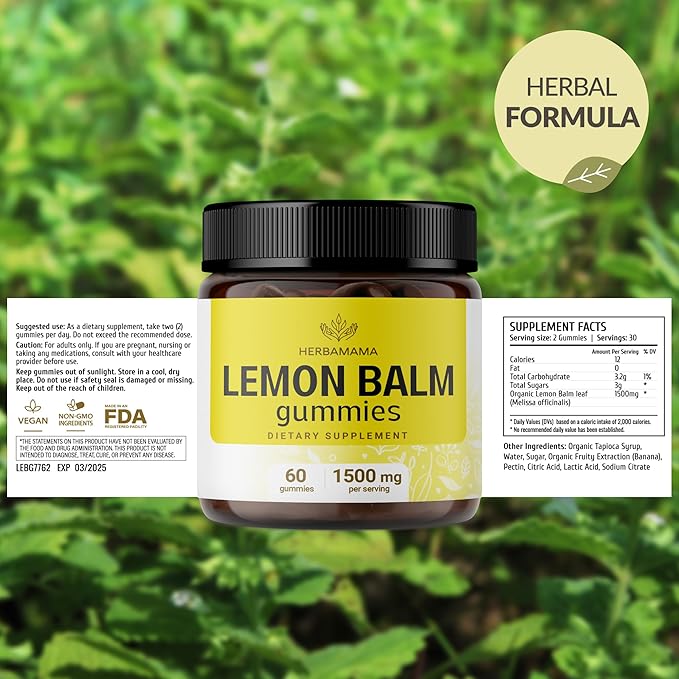 HERBAMAMA Lemon Balm Calming Gummies - 1500mg Lemon Balm Herb for Calm Support - Vegan, Non-GMO Relaxation Supplement with Melissa Officinalis Leaves - 60 Pectin-Based Banana-Flavored Chews