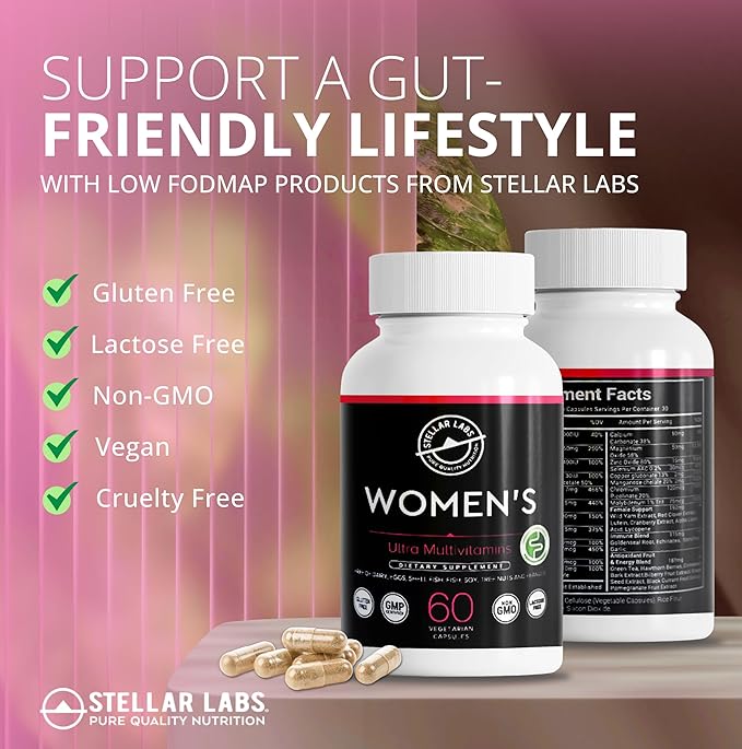 Stellar Labs Low FODMAP Vegan Women's Ultra Multi-Vitamin | Easy to Digest Daily Multivitamin Without Iron | Low Energy Supplement, Female Support | Easy to Swallow Veggie Capsules | 60 Count
