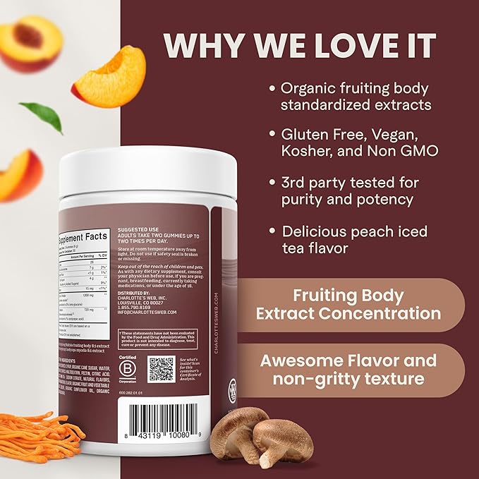 Charlotte's Web Energy Support Mushroom Gummies w/Cordyceps & Shiitake Mushrooms, Caffeine-Free Energy Supplements — Cordyceps Mushroom Gummies, Peach Iced Tea Flavor (30 Servings)
