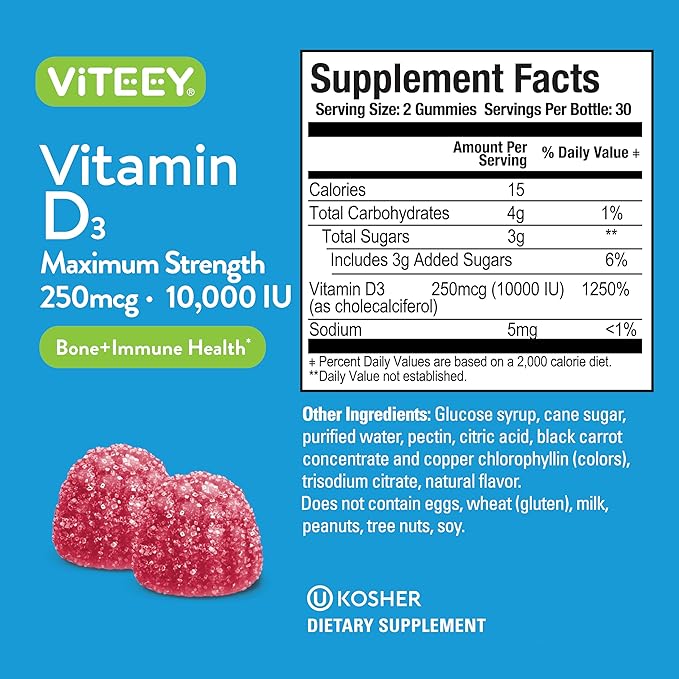 Vitamin D3 Gummies for Adults & Teens - 10,000 IU, 250mcg, Maximum Strength - Joint & Muscle Health, Immune Boost - Chewable Vitamin D Gummies - Vegetarian, Gelatin Free - Tasty Berry Flavored Gummy