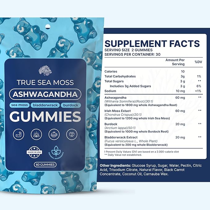 Ashwagandha Gummies for Women & Men – Vegan Herbal Blend with Sea Moss, Bladderwrack & Burdock, 60 Gummies in Pouch (30-Day Supply)