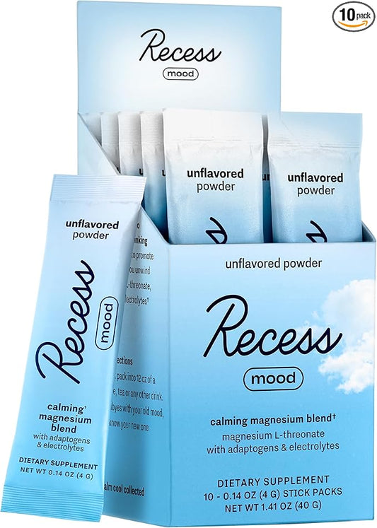 Recess Mood Powder, Calming Magnesium L-Threonate Blend with Passion Flower, L-Theanine, Electrolytes, Magnesium Calm Support Powder Supplement