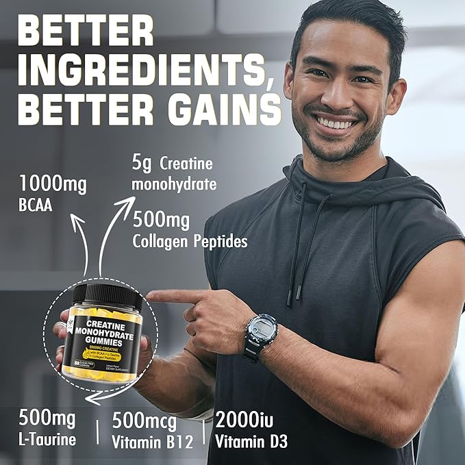Creatine Monohydrate Gummies for Men & Women - with BCAA, Collagen Peptides, L-Taurine, Vitamin B12, D3, Creatine Monohydrate 5000mg (5g) Per Serving, Lemon Flavor, Sugar Free, 1 Pack