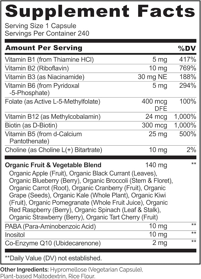 NATURELO Vitamin B Complex with Methyl B12, Methyl Folate, Vitamin B6, Biotin Plus Choline, CoQ10, and Fruit & Vegetable Blend - Supports Energy & Healthy Stress Response - Vegan - 240 Capsules