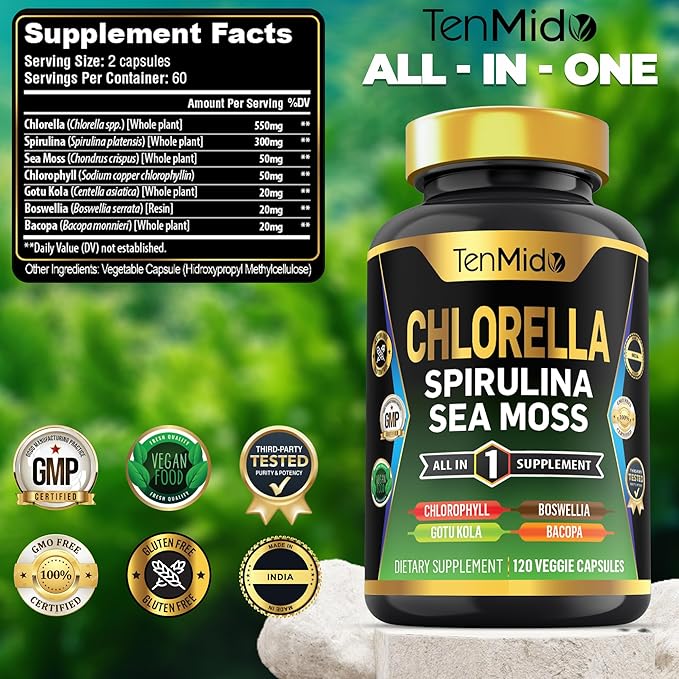 Organic Chlorella Supplement for Men and Women, 7in1 Formula with Spirulina, Sea Moss, Chlorophyll, Gotu Kola, Boswellia & Bacopa - Immune Support - Rich in Nutrient, Vitamins - 120 Capsules