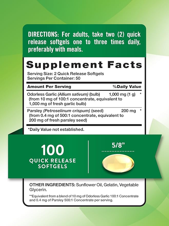Nature's Truth Odorless Garlic and Parsley | 1200mg | 100 Softgels | Non-GMO & Gluten Free Extract Supplement