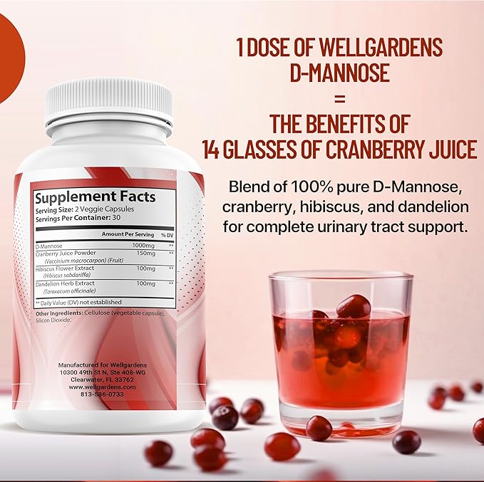 100% Pure D-Mannose with Cranberry Extract - Helps Cleanse Impurities, Natural Urinary Tract Health, Liver and Bladder Support Capsules, Non-GMO