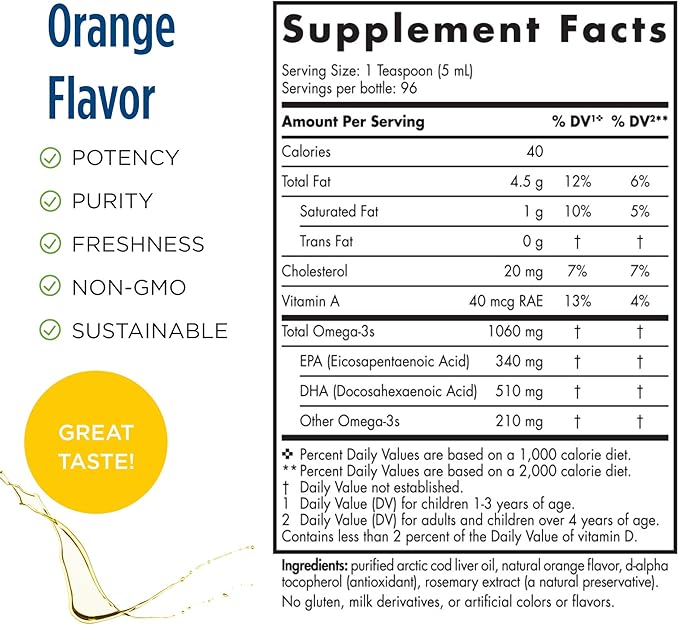 Nordic Naturals Pro Arctic Cod Liver Oil, Orange - 16 oz - 1060 mg Total Omega-3s with EPA & DHA - Heart & Brain Health, Healthy Immunity, Overall Wellness - Non-GMO - 96 Servings