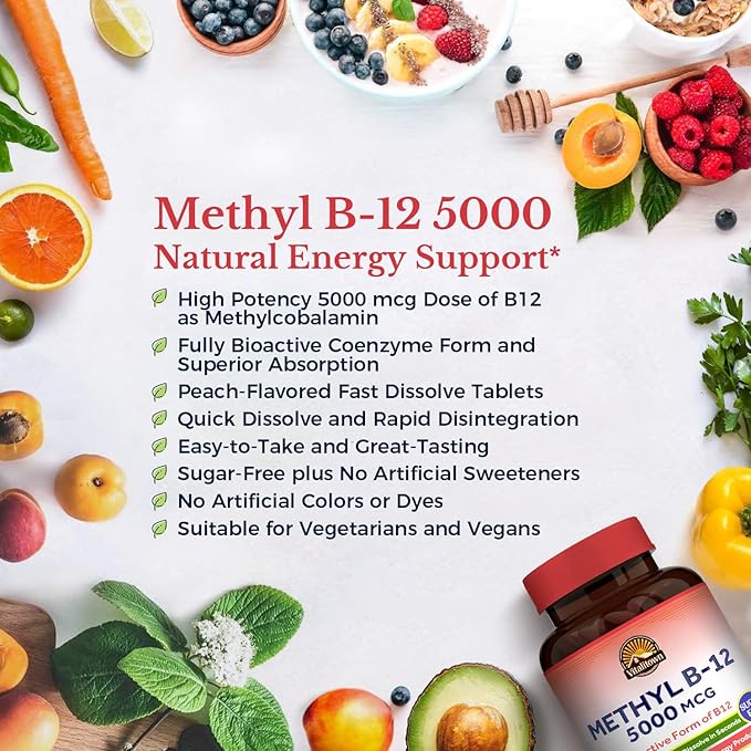 Vitalitown Vitamin B12 (Methyl B12) 5000 mcg, Fully Bioactive Form, Support Energy Production, Natural Peach Flavor, Zero Sugar, 240 Fast Dissolve Tablets