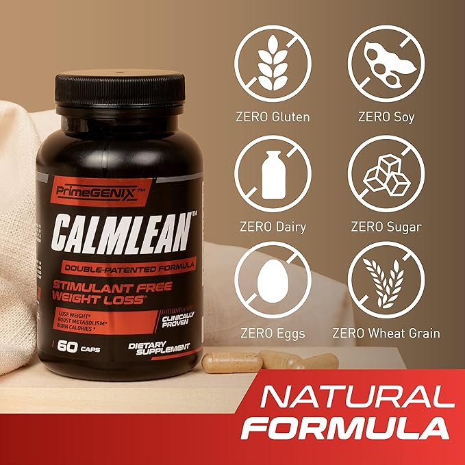 CalmLean Stimulant-Free Fat Burner | Weight Loss Supplement for Men | Appetite Suppressant, Metabolism Booster | Thermogenic Nutrients | Non-Stimulant Fat Loss Formula