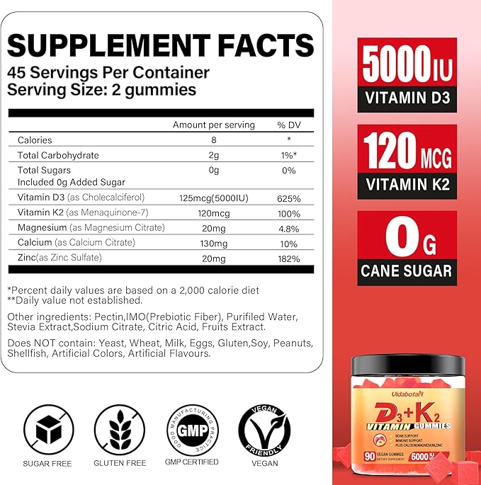Sugar Free Vitamin D3 K2 Gummies, Vitamin D3 5000IU & Vitamin K2(MK7) 120mcg with Calcium, Magnesium and Zinc for Bone, Teeth, Muscle, Natural Peach Flavor, Vegan, 90 chewable Gummies