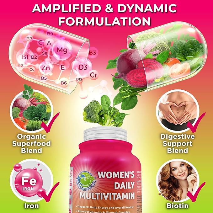 Women's Daily Multivitamin with Iron - Vegan Methylated Multivitamin for Women with Biotin, Organic Superfoods, Probiotics, B-Complex - Energy, Gut & Optimal Health Support – Easy to Swallow Capsules