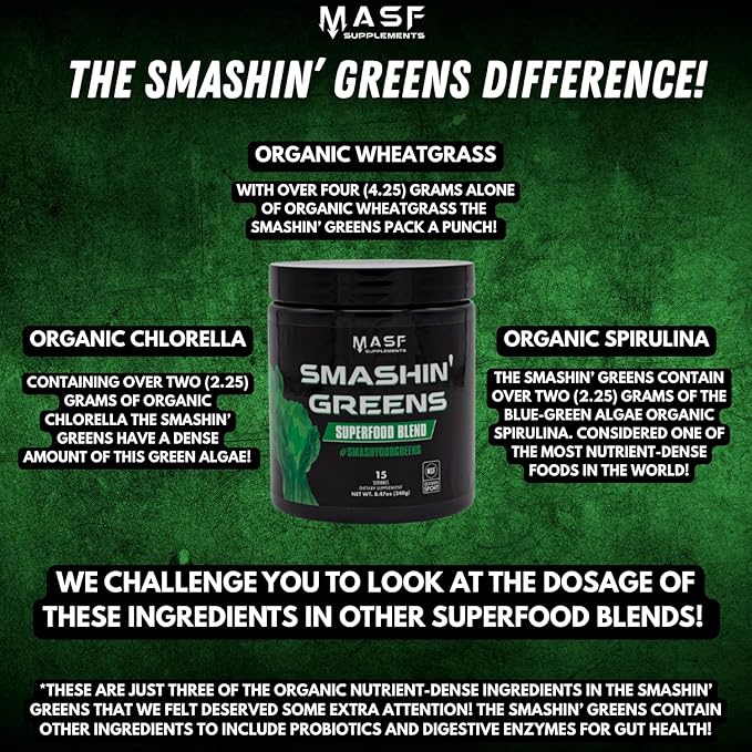 MASF Supplements Smashin' Greens Superfood Organic Blend - 15 Servings - Boost Energy, Immune Support, Digestive Health with Organic Wheat Grass, Spirulina, Chlorella - NSF Certified