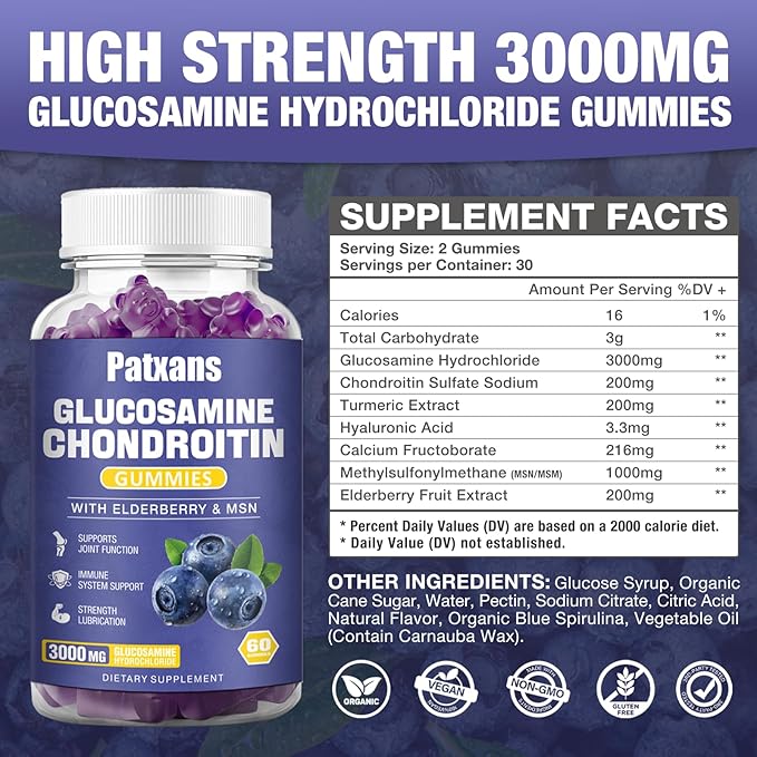 1 Pack 3000MG Glucosamine Chondroitin Gummies - Extra Strength Joint Health & MSM Elderberry Natural Joint Support Supplement, Flexibility, Antioxidant Immune Support for Adults, 60 Gummies.