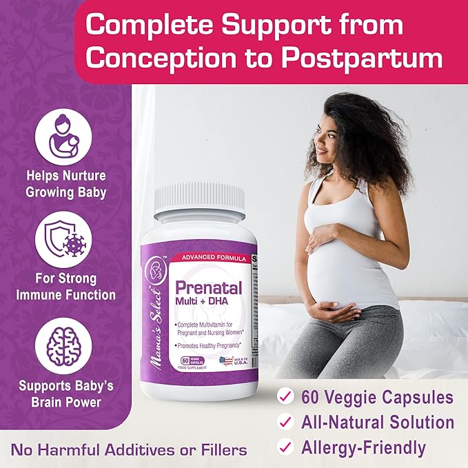 Mama's Select Prenatal Vitamins for Women with Iron, Vitamin D, DHA and More for Pregnant Women, Methyl Folate Safe for MTHFR - Gentle on Stomach, 60 Veggie Capsules