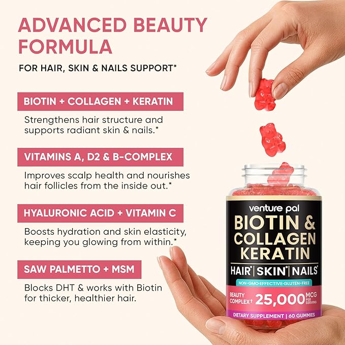 Venture Pal Biotin Gummies with Collagen & Keratin - Hair Growth Support Skin and Nail Strength Vitamins for Women & Men - Biotin 10000mcg | B-Complex | Saw Palmetto - Sugar Free, Non-GMO, 60ct