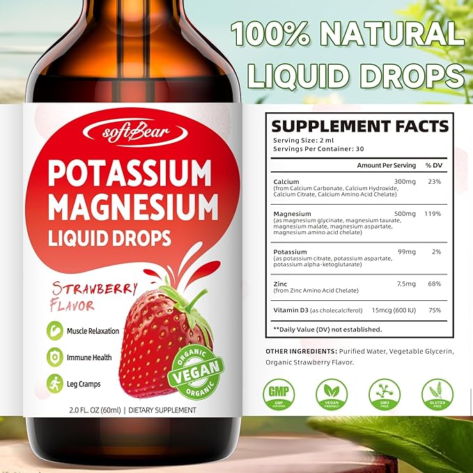 softbear 2 Pack Calcium Potassium Magnesium Liquid Drops, High Absorption Calcium Magnesium Potassium Supplement Support Bone & Muscle Health Liquid Magnesium Drops Strawberry Flavor 4 Fl Oz
