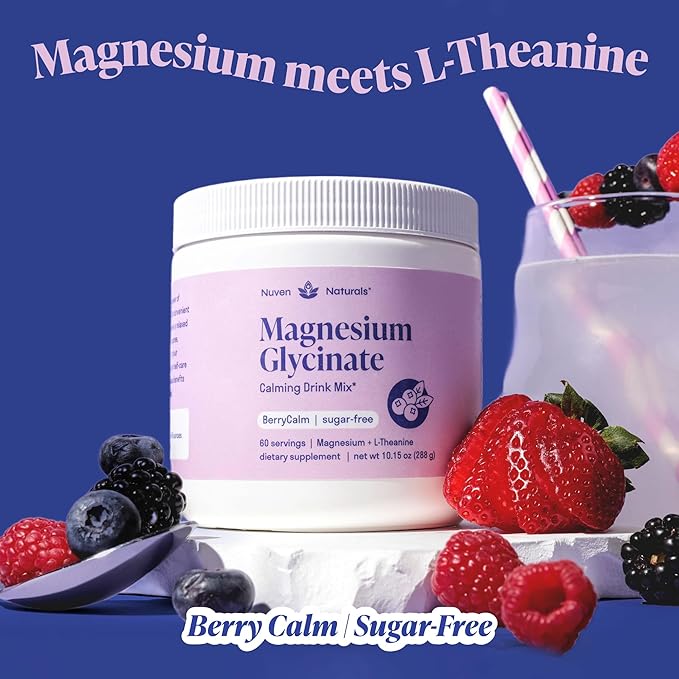 Magnesium Glycinate Powder + L-Theanine | 60 Servings | 300 mg per Scoop High Absorption Chelated Magnesium Powder for Sleep - Natural Mixed Berry Flavor, No Sugar, Support Restful Sleep & Relaxation
