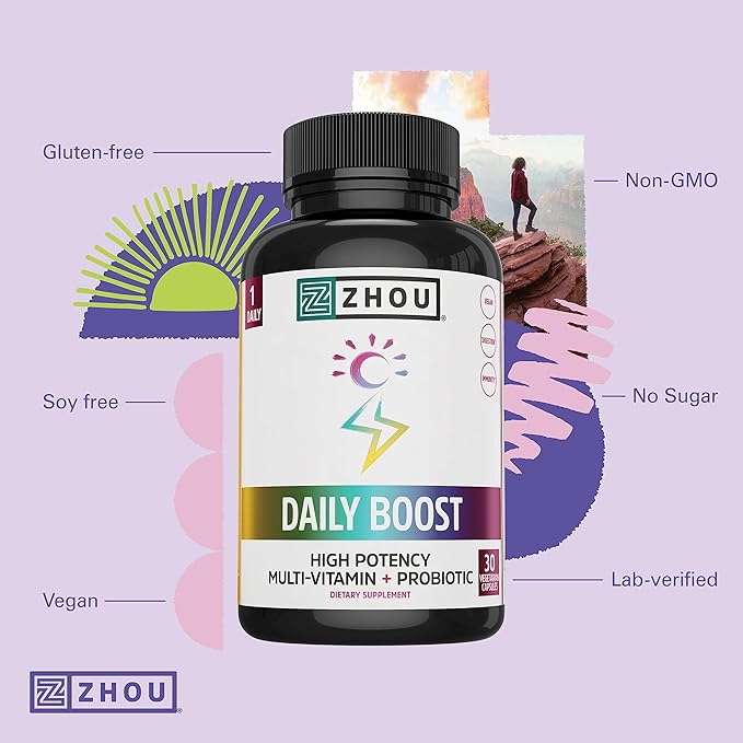Zhou Daily Boost - Probiotic Multivitamin for Women & Men, Immune Support, Antioxidant & Eye Health Supplement with Vitamin A, Vitamin C, Biotin & Folate for Adults - 30 Veggie Capsules