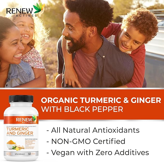 Renew Actives Turmeric Curcumin 1000MG & 200MG Ginger per 2 Capsules - Potent Antioxidant with Bioperine & Black Pepper Blend for Digestive & Liver Health - Made in Canada - 60 Capsules