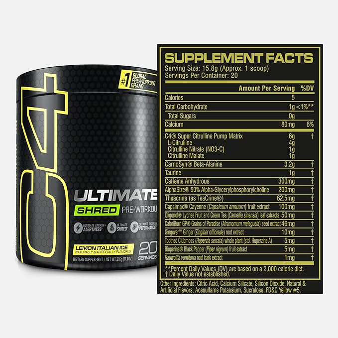Cellucor C4 Ultimate Shred Pre Workout Powder for Men & Women, Metabolism Supplement with Ginger Root Extract, Lemon Italian Ice, 20 Servings (Pack of 1)