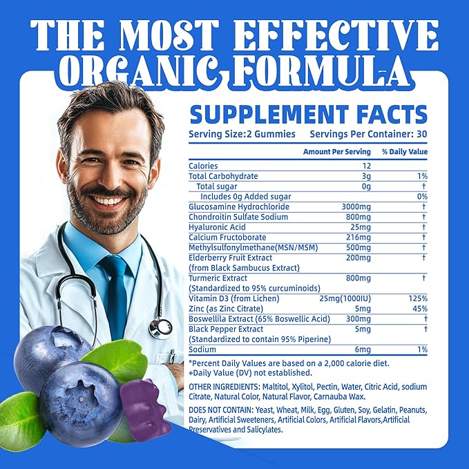 Glucosamine Chondroitin Gummies with MSM & Elderberry Extra Strength - Joint Support, Antioxidant Immune Support Supplement for Adults, Men & Women.60 Blueberry Gummies