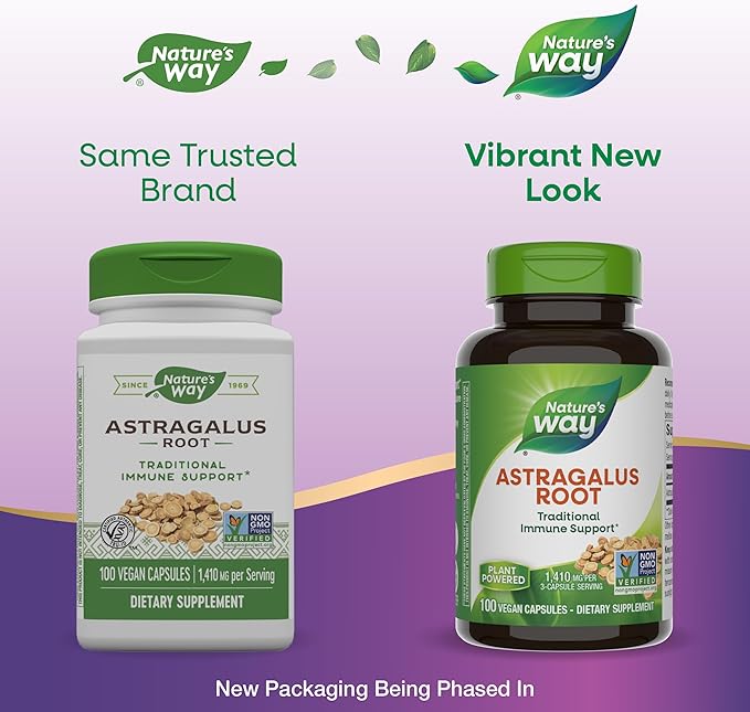 Nature's Way Astragalus Root, Traditional Immune Support*, 1,410 mg per 3-Capsule Serving, Non-GMO Project Verified, Vegan, 100 Capsules (Packaging May Vary)