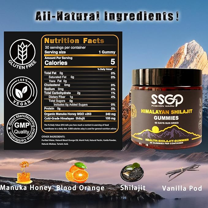 SSGP Himalayan Shilajit Gummies, Fulvic Acid and Trace Elements, No Added Sugars, Sweetened by Manuka Honey, Clean Formula, for Energy and Healthy, 30 Gummies