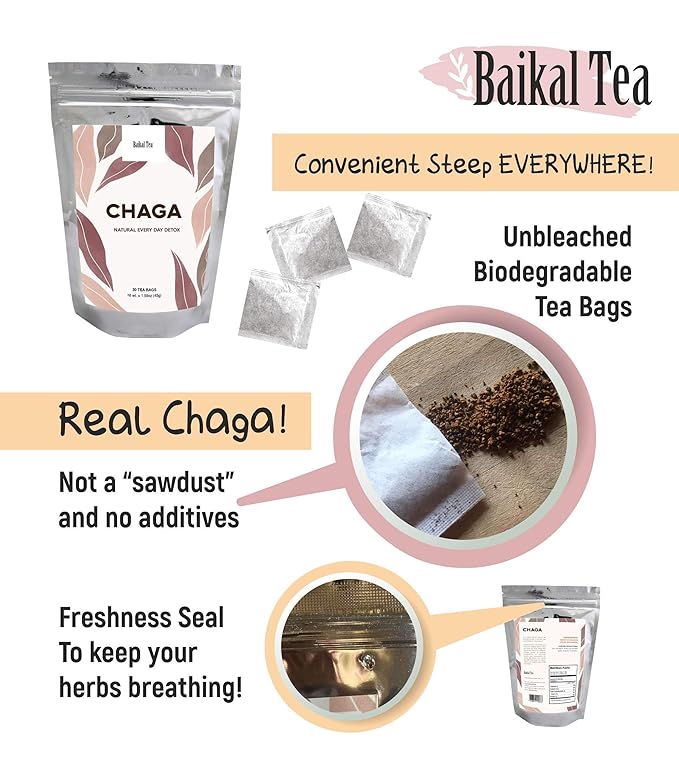 Chaga Tea - 100% Wild Siberian Birch Chaga Mushroom - Organic - 30 Unbleached Tea Bags - Pure No Additives - Natural Detox and Digestive Support - Hand-Picked by Baikal Tea