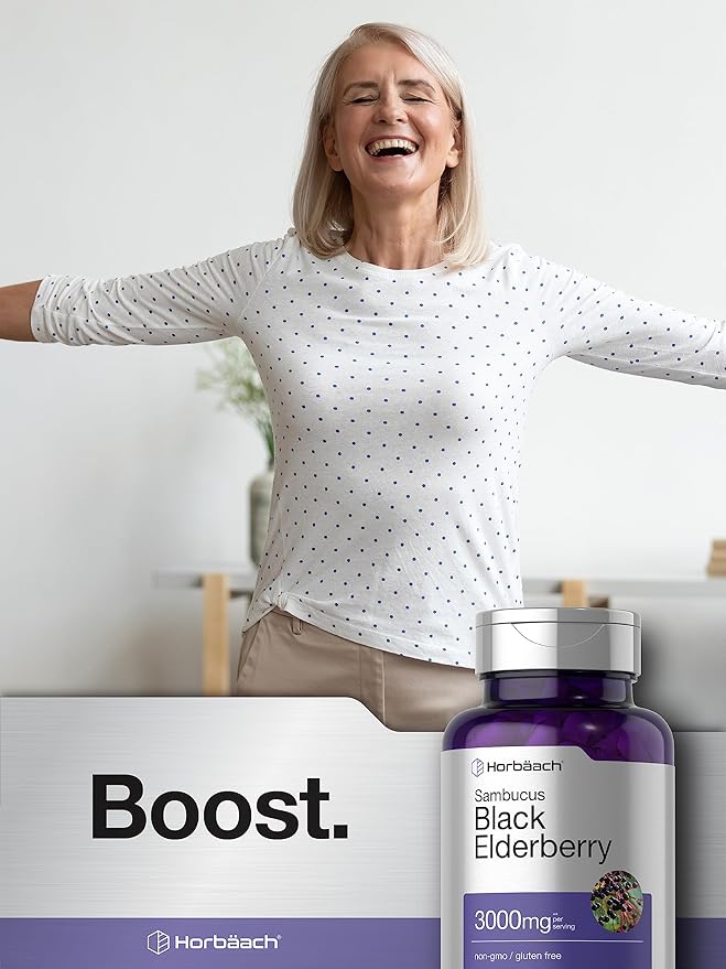 Horbäach Black Elderberry | 3000mg Capsules | 180 Count | Non-GMO, Gluten Free | Sambucus Extract Supplement