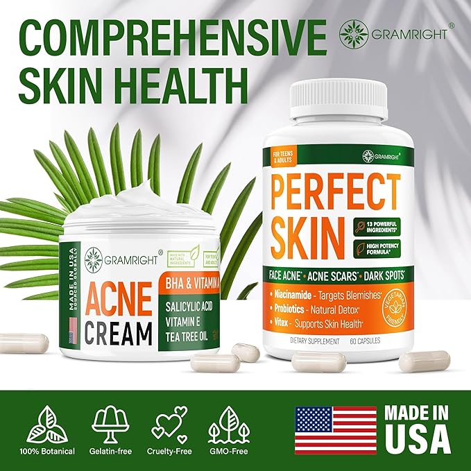 Perfect Skin Acne Capsules – Niacinamide, Biotin, Vitamin A & Probiotics for Teens & Adults – 13 Powerful Ingredients for Face Acne, Acne Scars & Dark Spots – 60 Vegan Capsules, Made in the USA