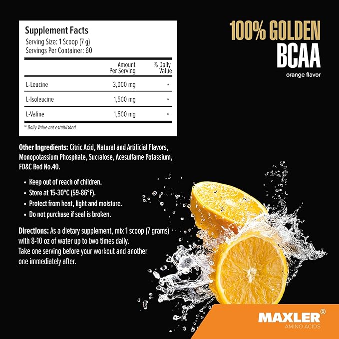 Maxler 100% Golden BCAA Powder - Intra & Post Workout Recovery Drink for Accelerated Muscle Recovery & Lean Muscle Growth - 6 g Vegan BCAAs Amino Acids - 60 Servings - Orange