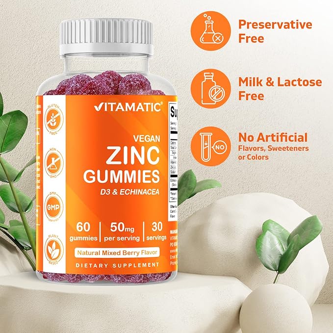 Vitamatic Zinc 50mg Gummies – 60 Vegan Gummies Gluten Free – Healthy Immune Support for Adults, Men & Women