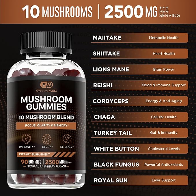 Mushroom Gummies 2500mg | 10 Blend w/Lions Mane, Reishi, Chaga, Cordyceps & More | Focus, Memory, Immunity, Energy | Natural Berry Flavor Supplement | Vegan, Made in USA (90ct)