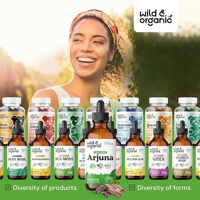 Wild & Organic Arjuna Bark Tincture - Overall Well-Being Supplement - Alcohol-Free Liquid Drops - Terminalia Arjuna Bark Extract - No Sugar & Additives, Non-GMO - 4 fl oz