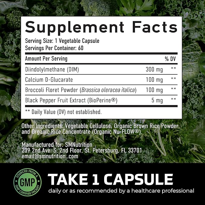 DIM Supplement for Men 300mg | Estrogen Blocker & Aromatase Inhibitor | Extra Strength Men’s Hormone Balance & Fitness Booster with Diindolylmethane Plus CDG & Sulforaphane | Gluten-Free | 60 Ct