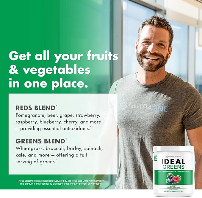 NutraOne Ideal Greens Antioxidant and Nutrient-Rich Superfood Greens Powder Supplement Berry- 30 Servings