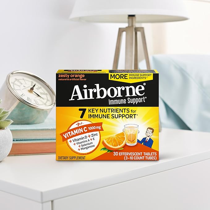 Airborne Vitamin C 1000mg (per Serving) - Zesty Effervescent Tablets, Gluten-Free Immune Support Supplement, Echinacea & Ginger, Orange, Citrus, 30 Count (Pack of 3)