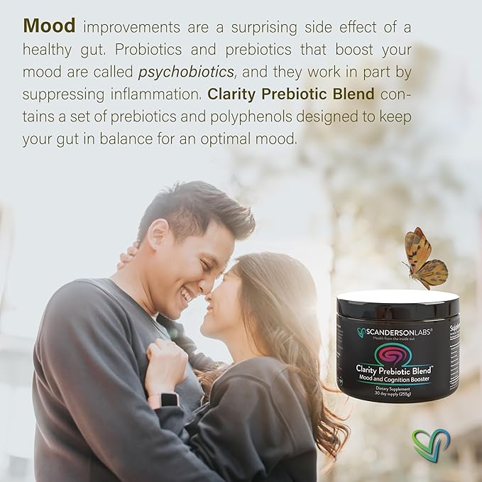 Clarity Prebiotic Blend – Optimize Gut and Mood via The Gut-Brain axis – one Month Supply – Easy to use, one Scoop mixes with Liquid or Food – Vegan, Soy-Free, Gluten-Free, Non-GMO