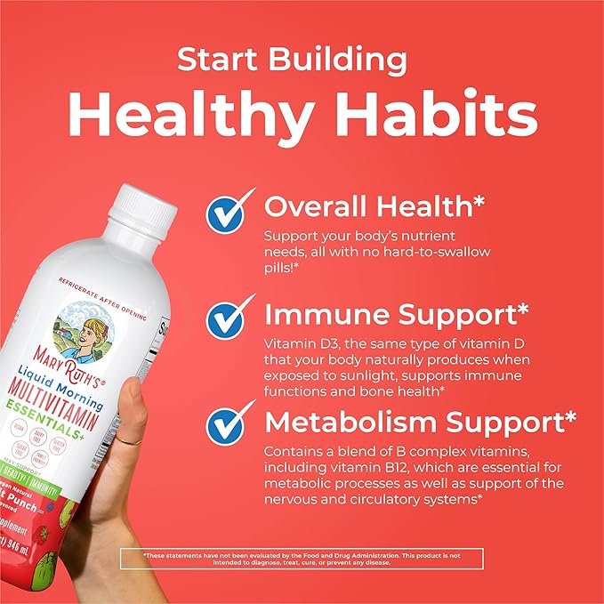 MaryRuth Organics Liquid Morning Multivitamin Essentials+ | Vitamin A C D E B6 B12 Biotin Zinc, Mens Womens Multivitamin, Immune Support, Beauty | Sugar Free | Vitamins for Ages 1+ | Vegan | 32 Fl Oz