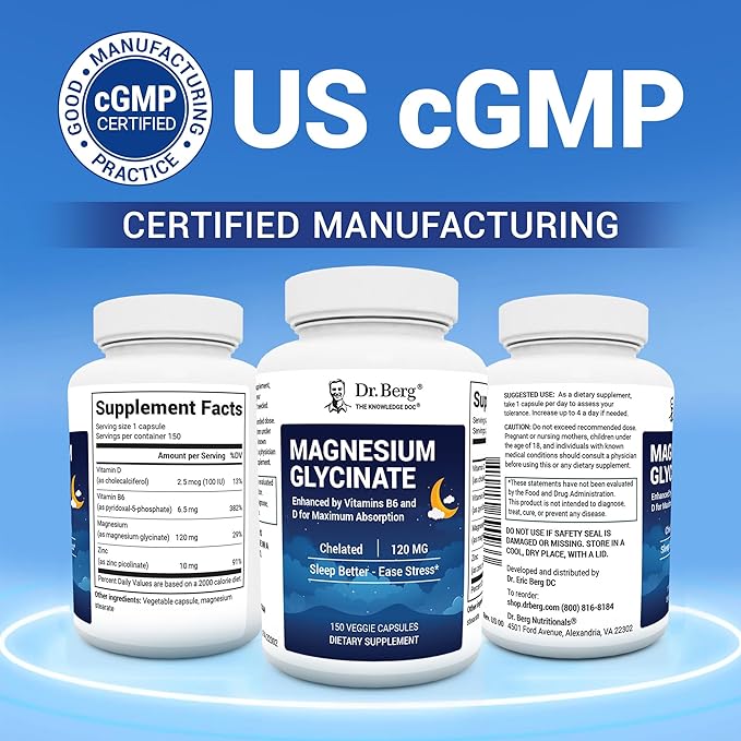 Dr. Berg Magnesium Glycinate with Vitamin D, B6 & Zinc for Stress Relief, Calm, Relaxation, & Good Sleep* - 120 mg Per Magnesium Supplement Capsule - Chelated Magnesium Glycinate - 150 Caps